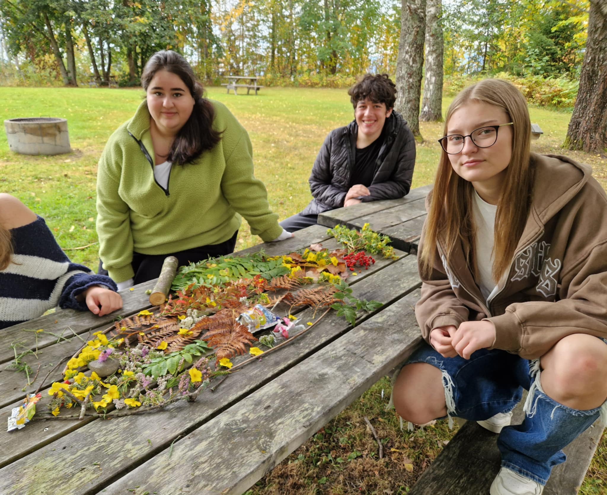 Fire unge mennesker sitter ved et piknikbord utendørs og viser frem et arrangement av blader, blomster og naturmaterialer på bordplaten. I bakgrunnen skimtes trær og gress.