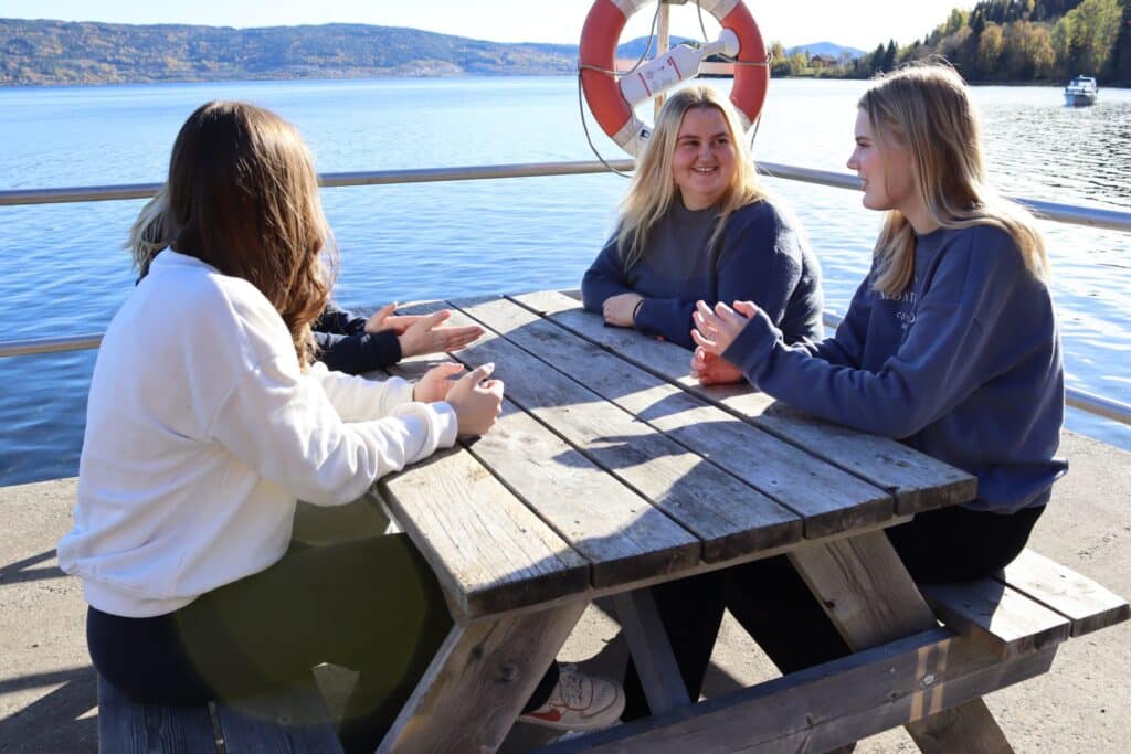IMG_0178-scaled Fire personer sitter ved et piknikbord av tre ved en innsjø og snakker og smiler på en solfylt dag med åser og trær i bakgrunnen.