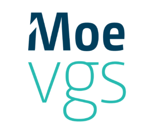 Den stiliserte teksten lyder «Moe vgs», der «Moe» er skrevet i mørkeblått og «vgs» i lys blågrønt på en lys bakgrunn. Bokstaven «M» har et unikt, kantet design.
